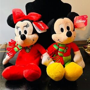 Rare Disney Mickey Minnie Mouse Christmas Holiday 9" Plush Set! NWT